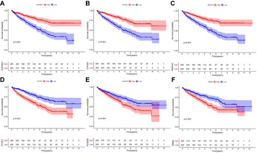 Figure 7 The relationship between MRGs expression and OS of ccRCC patients in the TCGA database (P < 0.05). (A) The relationship between ALDH6A1 and OS, (B) CYP3A7 and OS, (C) PAFAH2 and OS., (D) PYCR1 and OS, (E) PLA2G6 and OS, and (F) RRM2 and OS.
