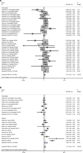 Figure 3 Meta-analysis on the association between bladder cancer susceptibility (A), recurrence (B), mortality (C), and excessive body weight.Abbreviation: RR, risk ratio.