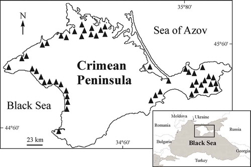 Figure 1. Distribution of the hypersaline water bodies in Crimea.