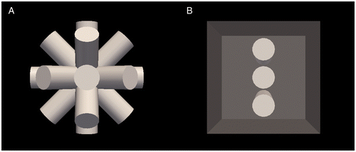 Figure 9. (A) A digital phantom including nine virtual drill bits used to test the angular measurements. (B) A second digital phantom including three virtual drill bits encased in a cube, used to test the aperture localization measurements.