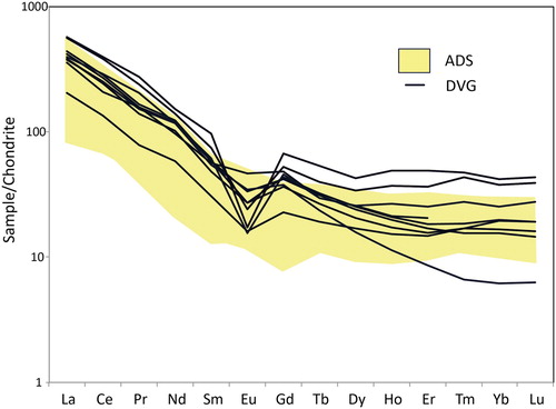 Figure 12. Comparison between the chondrite normalised REE distribution of phonolites from ADS (yellow field, see also Figure 6B) and DVG (black curves). Data sources as in Figure 10 (colour online).