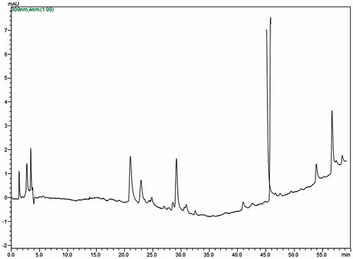 Figure 1. Chromatographic profile of the lyophilized aqueous extract obtained from C. icaco leaves (AEC). Conditions for elution: mobile phase methanol–water (5–100%), 1 h, C18 analytical column (25 cm × 0.46 mm, 5 μm), detection at 330 nm DAD-UV-Vis, 1 mL/min.