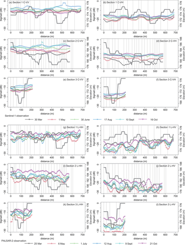 Figure 7. Backscatter coefficient of C-band VV - VH and L-band HH – HV along cross-sections. Vertical lines indicate the locations of transects between the ridges around each farm plot and section. Elevation is based on SRTM 1-arc second.