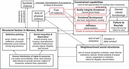 Fig. 1 Schematized cause-effect diagram that shows the relationships between structural factors, physical and symbolic violence, and failures in capability. It draws on empirical research in São Jorge