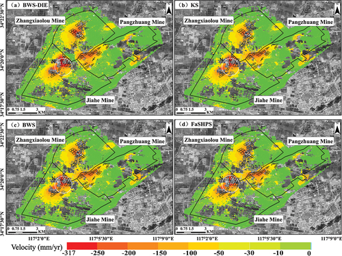 Figure 14. Annual average subsidence velocities obtained by different homogeneous pixel algorithms for research area along LOS direction. (a-d) show annual average subsidence velocities obtained by BWS-DIE, KS, BWS and FaSHPS algorithms for research area, respectively. White circle N indicates area with largest annual average velocity obtained by different homogeneous pixel algorithms.
