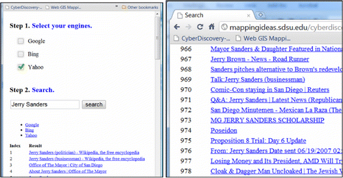 Figure 2. The SWARMS prototype interface for the keyword search of ‘Jerry Sanders’ and the output of the top 978 web pages from the Yahoo search engine.