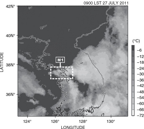 Fig. 4 MASAT-IR black-body brightness temperature (°C) distribution over the Korean peninsula at 0900 LST on 27 July 2011. Dashed white box (M1) indicates domain for radar analysis.