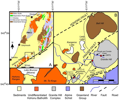 Figure 1. A: Overview of the crystalline basement geology of the central Westland region (the figure is modified from van der Meer et al. (Citation2016)), PMCC: Paparoa Metamorphic Core Complex. The black square shows the region expanded in B. B: Overview geology of the Lake Brunner/Granite Hill area (modified from Waight et al. Citation1997). Sample location of the Thirsty Creek Norite (samples QH03, RTC1, RTC2 and SDWRHN) is shown. Undeformed mafic rocks likely to be related to the Thirsty Creek Norite can be found at Crooked River and Rough and Tumble Creek (samples CR2 and GRT5, respectively, from Waight (Citation1995)).