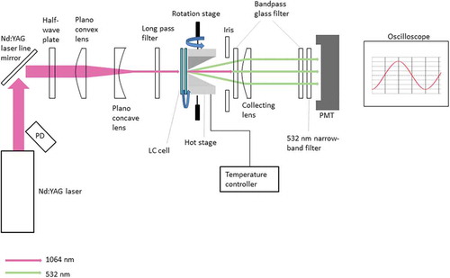 Figure 2. (Colour online) Experimental set-up for the measurement of scattered SH light from a LC sample. PMT = photomultiplier tube. PD = photodiode.