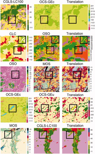 Figure 5. Benefits and limitations of multi-LULC map translation. Each square highlights an area with meaningful spatial context (see text for more details).