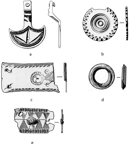 Figure 15. Late- or sub-Roman belt-fittings from Shakenoak, sites a (a – c) and F (d – e). After Brodribb et al. S1 and S3. Scale 1:1.