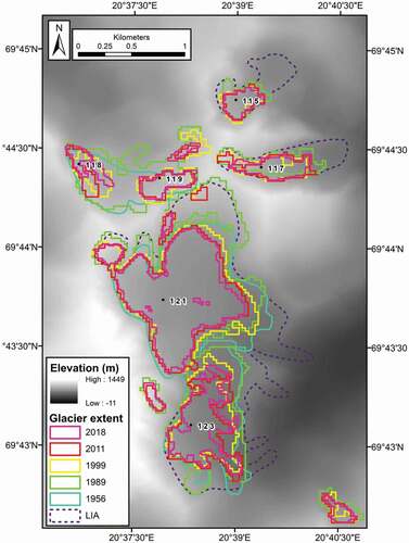 Figure 13. Overview of glacier area change from our Rotsund field site since LIA maximum until 2018 (based on moraine maps and lichenometric dating) and including glacier outlines from 1956 topographic maps. The background image is the Norwegian Mapping Authority N50 Digital Terrain Map (NORGEiBILDER Citation2019)