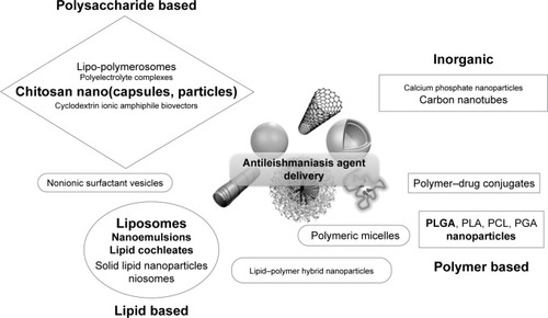Figure 1 Schematic representation of different classes of antileishmanial nanometric delivery systems.Note: The character size (also bold type) evidences the number of publications related to each system.Abbreviations: PCL, poly(caprolactone); PGA, poly(glycolic acid); PLA, poly(lactic acid); PLGA, poly(lactide-co-glycolide).