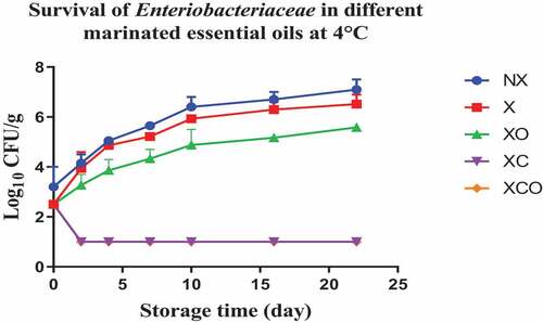 Figure 7. Population increase of Enterobacteriaceae (log10 CFU/g ± SEM) in different marinated essential oils samples after storage for 0, 2, 4, 7, 10, 16, and 22 days at 4°C. NX-Non marinated, X- Marinated, XO- Marinated +Oregano oil, XC- Marinated +Citrox, XCO- Marinated + Citrox+ Oregano oil.