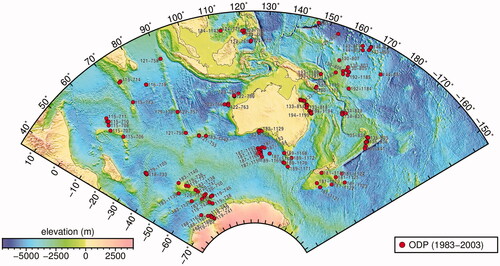 Figure 10. Overview map showing ODP expeditions and site numbers. Courtesy of Ron Hackney.