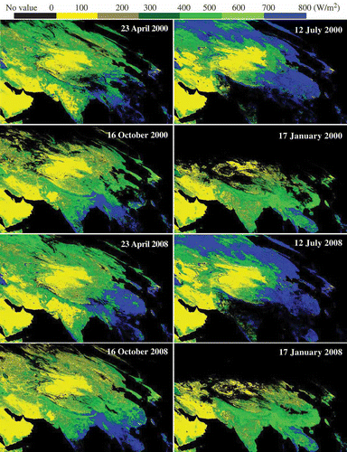 Fig. 4 Samples of Asian ET maps in the four seasons in 2000 and 2008 (sinusoidal).