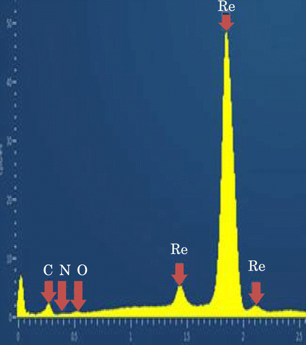 Figure 2. Measured EDS signals of synthesized sample. Re and C, and small amount of N and O were detected.