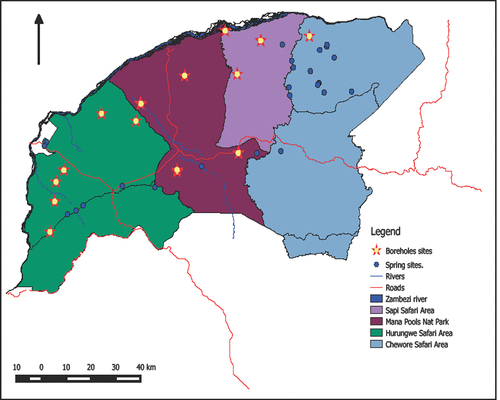 Figure 2. Natural (spring sites) and artificial (borehole) water sources distribution during a drought year in Mid Zambezi.