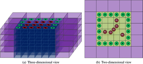 Figure 2. Voxel configuration: are the active electrodes, are the passive electrodes, and P1-P5 denote the positions in the xy-plane where inclusions were placed in our numerical simulations.