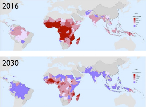 Figure 1. Comparison of the current incidence of P. falciparum malaria with that projected in 2030 under the most optimistic scenario considered by the WHO Global Technical Strategy for Malaria 2016–2030, scaling up existing interventions with some near-term innovation in longer lasting nets and better chemoprevention therapies, assuming no loss-of-effect due to drug or insecticide resistance. From Griffin et al. (Citation2016).