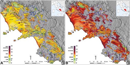 Figure 7. Map of minimum ISINTACS (left) and maximum ISINTACS (right) of the PAs of the Campania region obtained by a sensitivity analysis applied to Impact of vadose zone, Soil media and Hydrogeological characteristic of the Aquifer parameters.