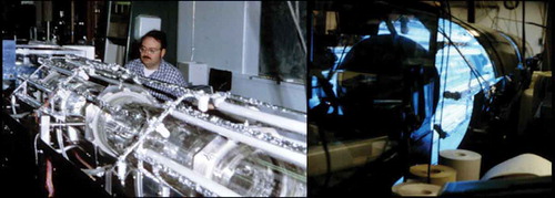 Figure 3. An indoor chamber with artificial irradiation lamps. The left panel shows the irradiation lamps surrounding the Pyrex glass chamber. Gas concentrations were monitored by Fourier transform infrared spectroscopy (contained in box to the extreme left of the panel). The author (WRS) is assembling the chamber at the national center for atmospheric research. The right panel shows the chamber illuminated by the irradiation lamps.