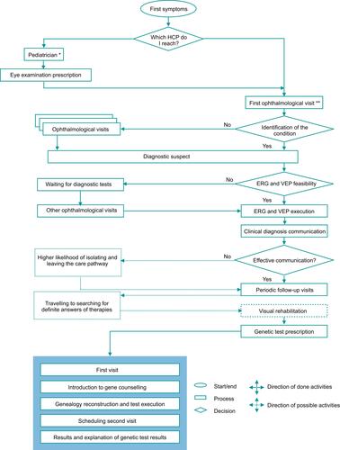 Figure 1 Care pathway flowchart as deduced from patient and caregiver narratives. *Firstly addressed professionals in 57% of patient narratives. **Firstly addressed professionals in 43% of patient narratives.