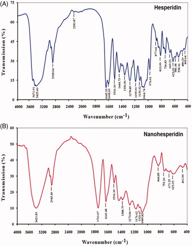 Figure 5. FTIR spectroscopy analysis of of (A) pure hesperidin and (B) modified nanohesperidin loaded in PLGA- Polixamar 407.