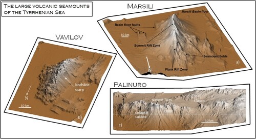 Figure 3. The three largest volcanic seamounts of the Tyrrhenian Sea. (a) Marsili Seamount is the largest volcano in the region. Constructed in the last 0.7 My the Marsili volcano is centred on the <2 My old Marsili oceanic back-arc basin. The volcano has symmetrical flanks and a well-developed linear axial rift zone (see text for description). There is no evidence of recent large landslides on the edifice. This is not true for (b) Vavilov volcano centred in the Pliocene Vavilov back-arc basin. This older seamount has a striking assymentry due to a sector collapse that truncates its entire western flank (see text for description). (c) The Palinuro Volcanic Complex lies for about 65 km along the eastern margin of the Tyrrhenian Basin. It is dated to 0.35 My. It is in made up of a linear series of volcanic edifices and constructed on a 1.5 km escarpment dropping to the south to the Marsili oceanic crust. This lithospheric structure, a STEP fault, juxtaposes the ‘alpine’ Calabrian nappes to the subduction dominated geodynamic province of the SE Tyrrhenain. Several of the edifices of the complex show different degrees of deformation: from gravity collapse calderas to structural failure.