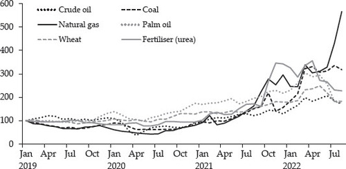 FIGURE 2 Commodity Prices ($), January 2019 – August 2022 (January 2019 = 100)Source: World Bank (Citation2022).Note: Crude oil price reflects the average spot price of Brent, Dubai and West Texas Intermediate, equally weighted. Natural gas index (Laspeyres), average of Europe, United States and Japan (LNG, liquefied natural gas), weights based on 5-year average consumption volumes. Coal (South Africa), from January 2015, FOB (free on board) Richards Bay, NAR (net as received), 6,000 kcal/kg, sulfur less than 1%, forward month 1; 13 February 2017 – December 2017, thermal NAR netback assessment FOB Richards Bay 6,000 kcal/kg; during 2006 — 10 February 2017 thermal NAR; during 2002–05, 6,200 kcal/ kg (11,200 btu/lb), less than 1%, sulfur 16% ash; years 1990–2001, 6,390 kcal/kg (11,500 btu/lb). Palm oil (Malaysia), from January 2021, RBD, FOB Malaysia Ports; December 2001 – December 2020, RBD, CIF Rotterdam; previously Malaysia 5%, CIF Northwest Europe, bulk, nearest forward. Wheat (United States), no. 2 hard red winter Gulf export price; June 2020 backwards, no. 1, hard red winter, ordinary protein, export price delivered at the US Gulf port for prompt or 30-days shipment. Urea (Ukraine), prill spot FOB Middle East, beginning March 2022; previously, FOB Black Sea.