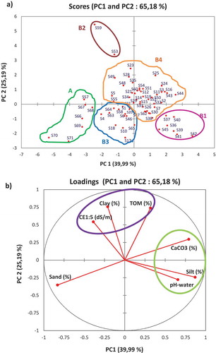 Figure 6. Principe component analysis (PCA) plots: a) loading plot for different variables on PC1 and PC2 and b) PCA score plot for soil sample.