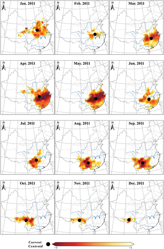 Figure 10. Spatiotemporal description of the 2011 drought event in South China based on the SPEI3-CRA index.