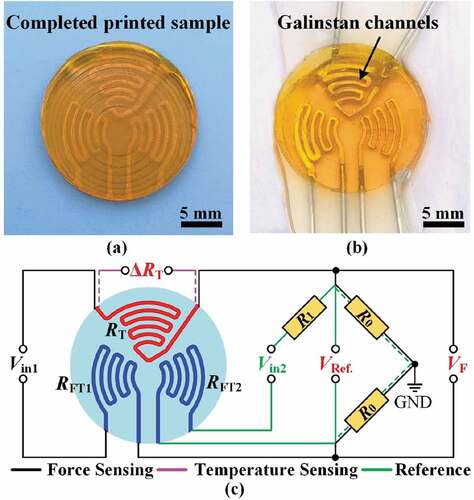 Figure 3. (a) Photograph of the printed tactile sensor; (b) final fabricated tactile sensor after sealing; (c) schematic view of the sensing circuit for temperature and force sensing