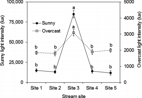 Figure 3 Mean (+SE) sunlight intensity and associated p values measured above each stream site during overcast and sunny conditions. Lowercase letters denote statistically distinct groups (one-way ANOVA with post hoc Tukey test)