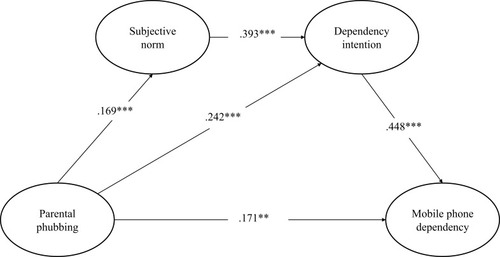 Figure 2 Mediation model of subjective norm and dependency intention between parental phubbing and teenager’s mobile phone dependency. **P<0.01; ***P<0.001.