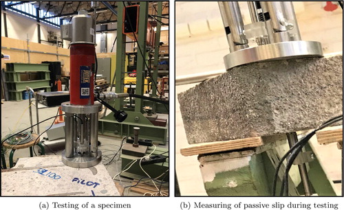 Figure 5. Photographs of pull-out rig assembly and slip measurements during testing of a specimen.