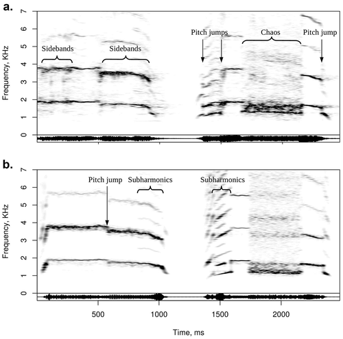 Figure 2. Various nonlinearities in recorded (A) and synthetic (B) versions of two human screams. Spectrogram with a 50 ms Gaussian window and 70% overlap. Source: an adult female at a haunted house attraction (file 213_ut_fear_29-f-scream.wav from Anikin and Persson Citation2017). AUDIO #2a and #2b in Supplements.