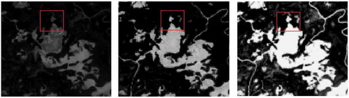 Figure 6. (a) WRI index, (b) NDMI index, and (c) NDWI (Xu Citation2006).