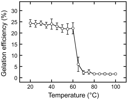 Figure 7. Establishment of gel melting temperature. Gels were prepared from sword bean extracts by incubation at 4 °C for 2 days. Each was then incubated at a temperature between 20 and 100 °C for 5 min. Gelation efficiency was calculated as in Figure 1. Data are expressed as the means ± standard deviations of three independent experiments.