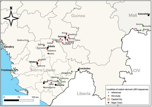 Figure 1. Map showing the localities where LASV rodent-derived sequences were generated in Guinea, Mali and Sierra Leone. Red dots: sequences provided in this study, green dots: sequences already published (Tables S2–S4).