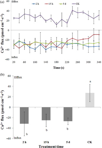 Figure 1. Ca2+ flux changes in aphid-infested tobacco for 0 h (CK), 2 h, 15 h, and 5 d. (a) Transient Ca2+ flux responses of tobacco mesophyll cells with time. Bars represent the standard deviation; (b) Average Ca2+ fluxes within the measuring period. Columns labeled with different letters (a and b) denote significant difference at P < 0.05 by Duncan's test.