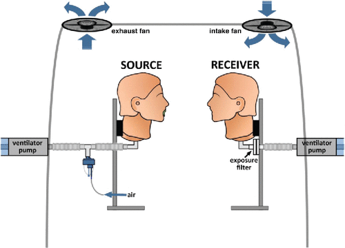 Figure 2. No flow chamber with, 0 air exchanges per hour (ACH). Schematic representation illustrating a chamber, containing the ventilated manikin heads 3 ft apart. Source head was connected to a nebulizer and exhaled radioactive aerosols. A filter was attached to the Receiver head to capture and quantify inhaled radioactive aerosols (exposure) (A). Hospital room chamber, with 6 ACH. Schematic representation illustrating a chamber, containing the ventilated manikin heads 3 ft apart. Source head was connected to a nebulizer and exhaled radioactive aerosols. A filter was attached to the Receiver head to capture and quantify inhaled radioactive aerosols (exposure) (B). Negative pressure room chamber, with 12 ACH. Schematic representation illustrating a chamber, containing the ventilated manikin heads 3 ft apart. Source head was connected to a nebulizer and exhaled radioactive aerosols. A filter was attached to the Receiver head to capture and quantify inhaled radioactive aerosols (exposure) (C).