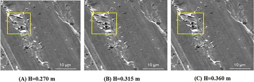 Figure 13. SEM views along the ploughshank section at a constant tillage speed 6 km/h and different tilling depths.