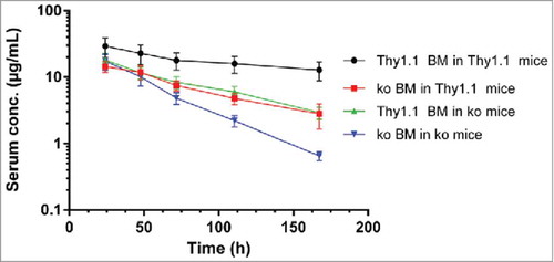 Figure 5. Serum concentration time curves (mean ± SD) of monoclonal anti-TNP-specific IgG after intraperitoneal administration at 5 mg/kg to B6.PL-Thy1a/CyJ (Thy1.1) mice, FcRn ko mice and chimera thereof (Data fromCitation 14 ).
