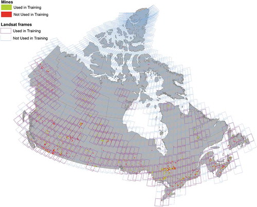 Figure 1. Indicates the number of Landsat-8 images required to cover the entire country of Canada for one time period. It also indicates the location of mines that were used in training and the locations of mines reserved for independent testing. In total, 1285 images are required to cover all of the training and testing mines for a single year.
