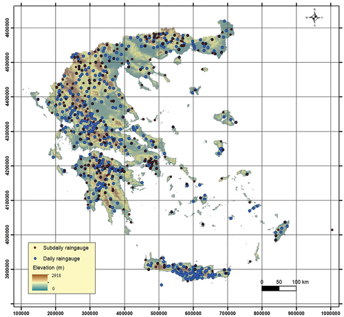 Figure 1. Elevation map of Greece along with the locations of the daily and sub-daily resolution rainfall stations used in the analysis. The coordinate reference system is the GGRS87/Greek Grid (EPSG:2100).