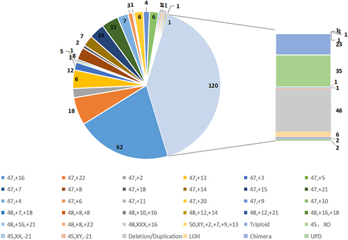 Figure 1 Analysis of the abnormal number of villus chromosomes detected in 294 patients. Abnormal distribution of chromosome number in abortion tissue of 294 patients, including 47, +16 (62 cases); 47, +22 (18 cases); 47, +13 (12 cases);47, +15 (10 cases);47, +21 (11 cases); Triploid (23 cases); 45, XO (35 cases); Deletion/Duplication(46 cases), and so on.