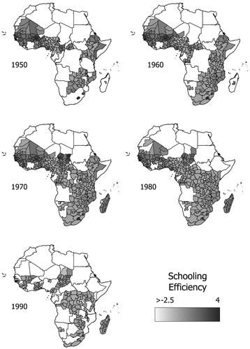 Figure 4. Schooling efficiency per admin I level for each birth decade between 1950 and 1990. Data from IPUMS, MICS, Afrobarometer and DHS. Authors’ own representation.