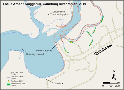 Figure 5. Erosion rates at the City dock and Kuiggacuk. Today, fish racks and modern homes have been relocated as the Qanirtuuq migrates south.