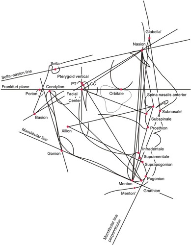 Figure 1 Reference points and lines with regard to the cephalometric analysis. A detailed description of the reference points is presented in Table 1.Notes: ‘indicates that the points are located within soft tissue. Kuć J, Sierpińska T, Gołębiewska M. The relationship between facial morphology and the structure of the alveolar part of the mandible in edentulous complete denture wearers. A preliminary study. Acta Odontologica Scandinavica. 2015;73(1):57–66. Copyright © Acta Odontologica Scandinavica Society, adapted by permission of Taylor & Francis Ltd, www.tandfonline.com on behalf of Acta Odontologica Scandinavica Society.Citation19Abbreviations: CC, center of the cranium; PT, point at the junction of the pterygopalatine fossae and foramen rotundum placed at 11 o’clock from the pterygomaxillary fissure.